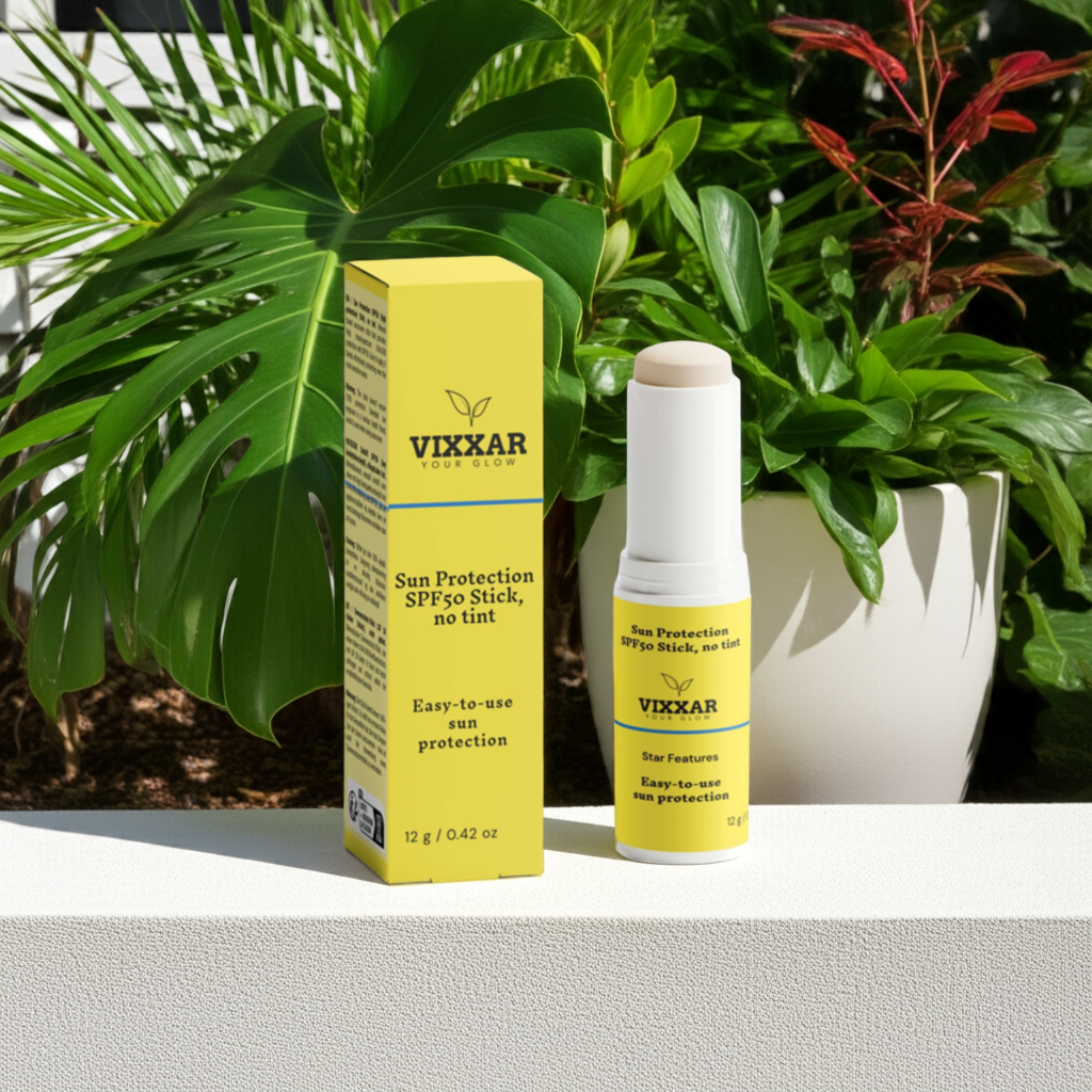 Vixxar SPF 50 Mineral Sunscreen Stick with Invisible Zinc Protection, suitable for all skin types, displayed outdoors.