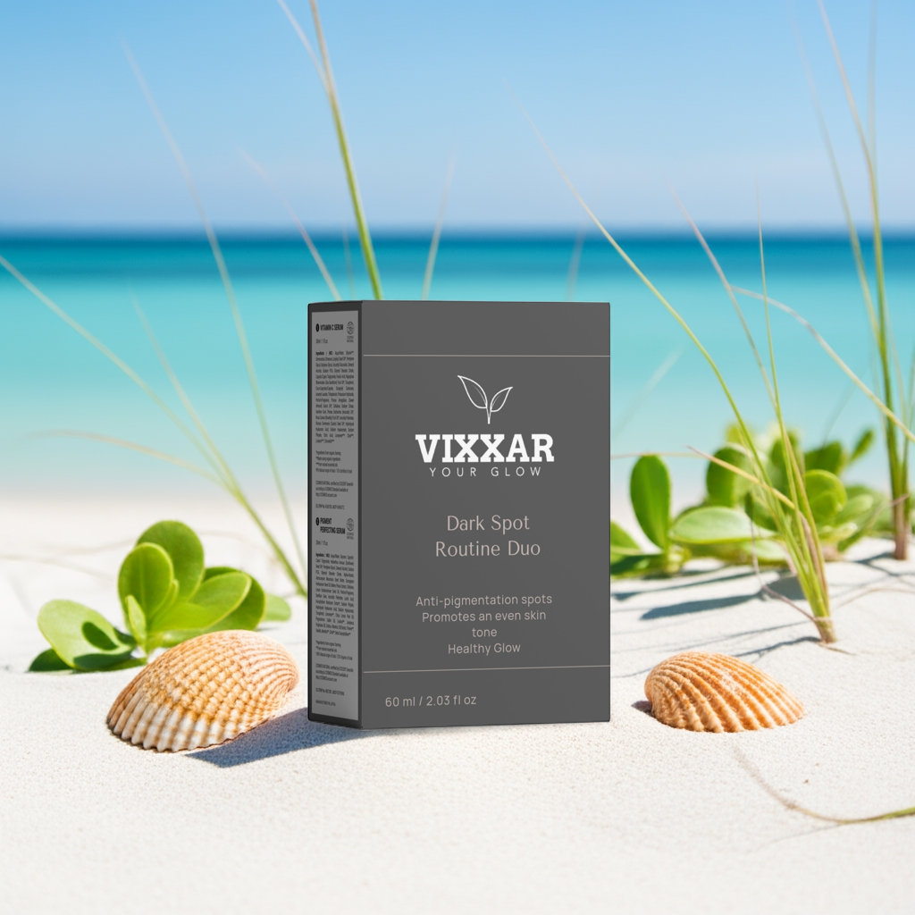 Dark Spot Routine Duo on a sandy beach, featuring brightening & pigment-correcting serums for even skin tone and radiant glow.