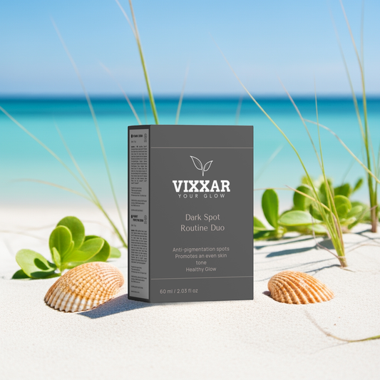 Dark Spot Routine Duo on a sandy beach, featuring brightening & pigment-correcting serums for even skin tone and radiant glow.