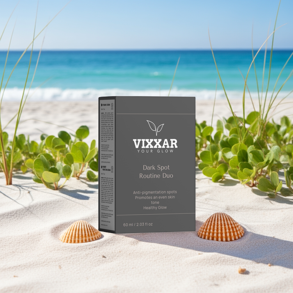 Vixxar Dark Spot Routine Duo displayed on a sandy beach, featuring brightening and pigment-correcting serums for even skin tone.