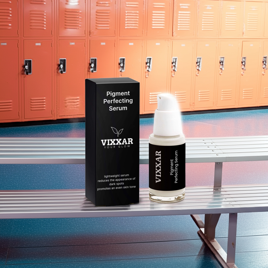 Vixxar Pigment Perfecting Serum in gym locker room setting
