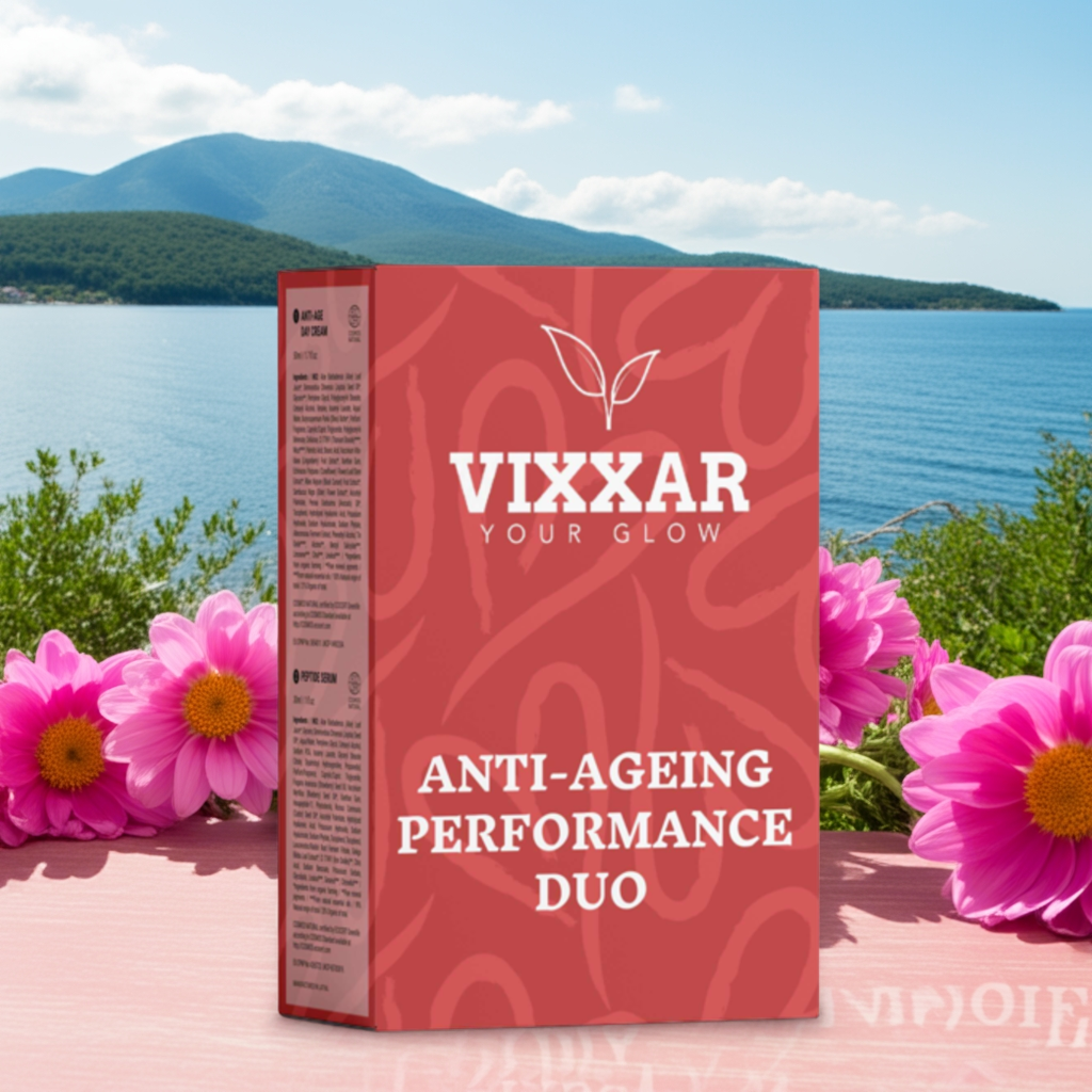 Anti-Ageing Performance Duo on display with flowers, featuring Vixxar's Peptide Serum & Firming Day Cream for youthful, radiant skin.