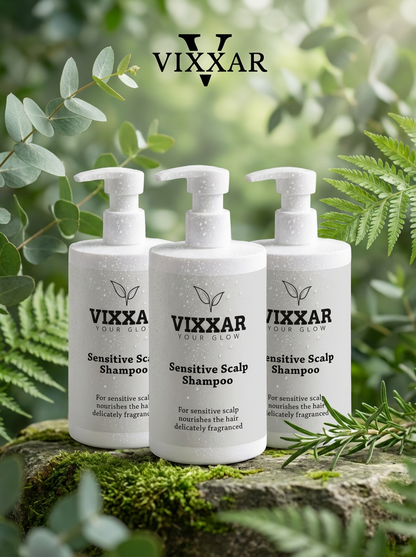 Three bottles of Vixxar Sensitive Scalp Shampoo on a natural background with greenery.