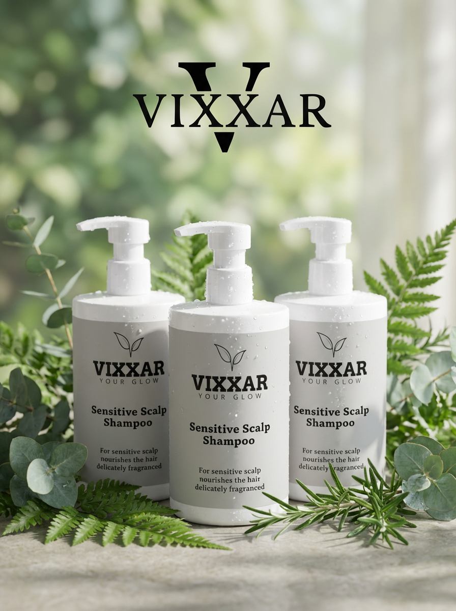Three bottles of Vixxar sensitive scalp shampoo with greenery in the background