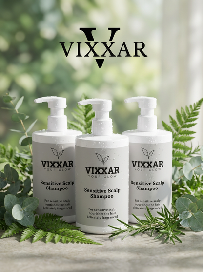 Three bottles of Vixxar sensitive scalp shampoo with greenery in the background
