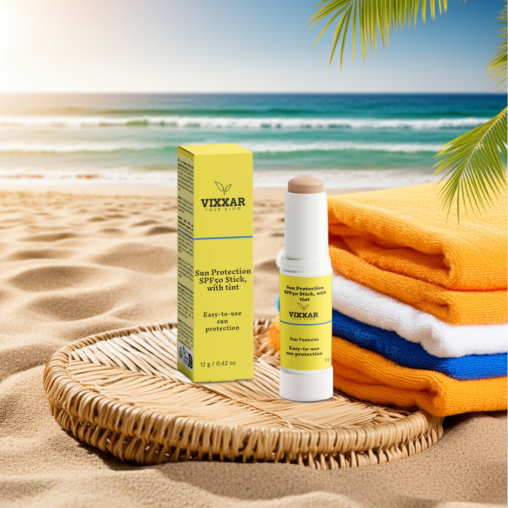 Tinted SPF 50 Mineral Sunscreen Stick by Vixxar on a beach with towels, offering UV protection and sheer coverage.