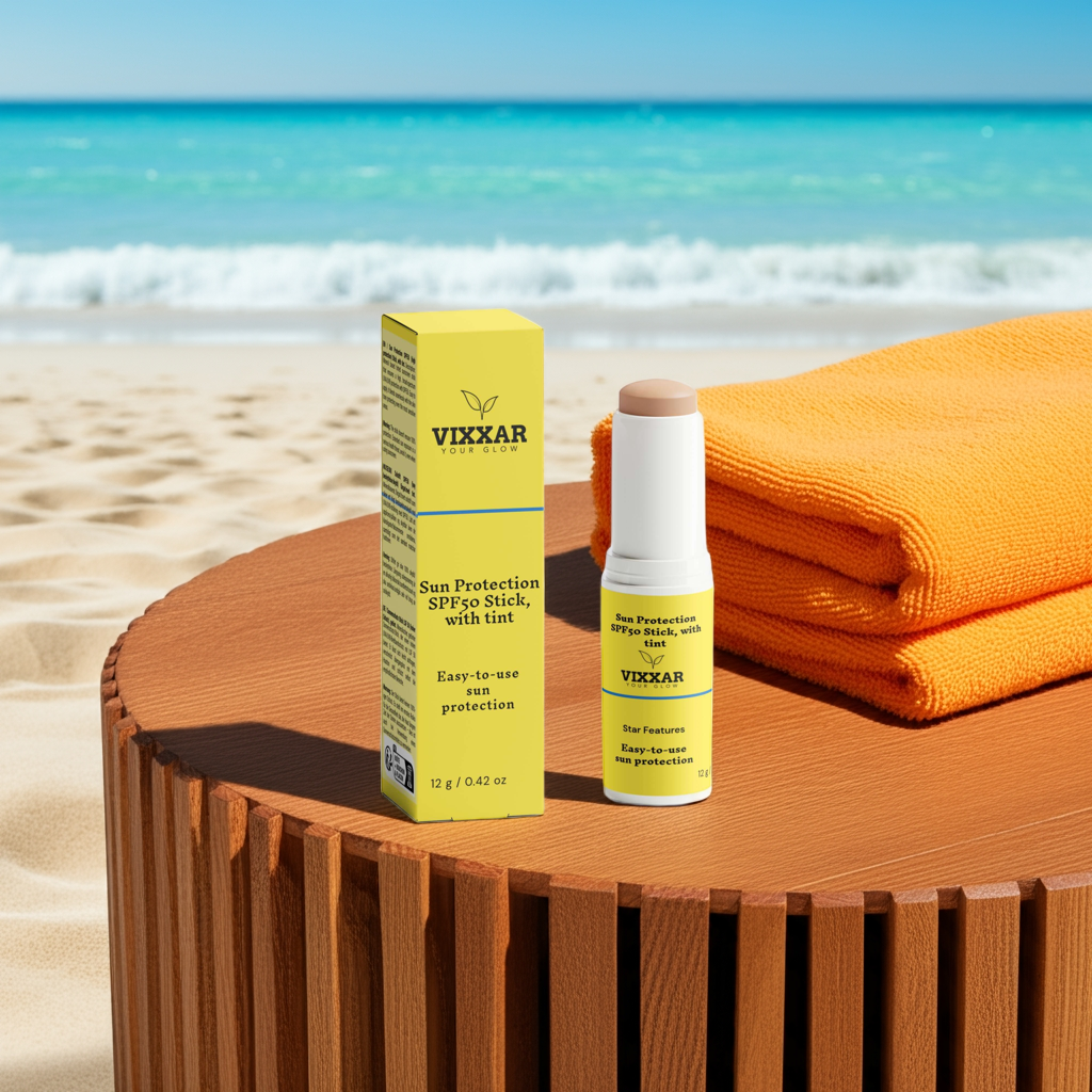 Tinted SPF 50 Mineral Sunscreen Stick by Vixxar on beach table, offering sheer coverage and UV protection, with vibrant ocean backdrop.