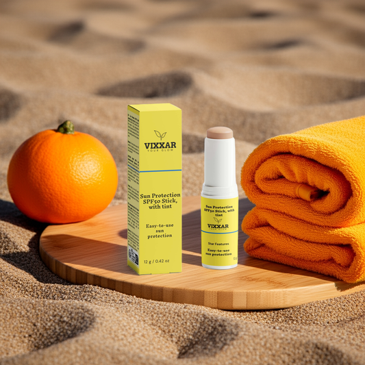 Tinted SPF 50 Mineral Sunscreen Stick by Vixxar on sand with orange and towel, offering sheer coverage and UV protection.