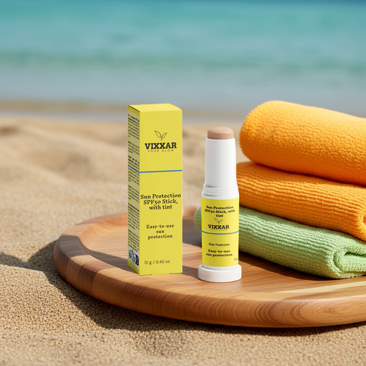 Vixxar Tinted SPF 50 Mineral Sunscreen Stick with packaging, offering sheer coverage and broad-spectrum UV protection.