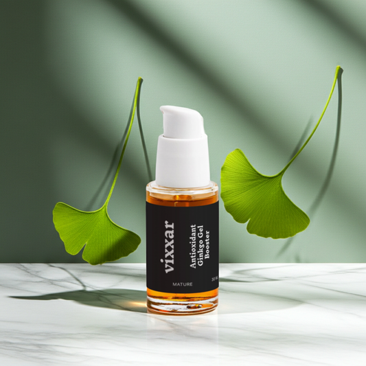 Vixsar antioxidant ginkgo gel bottle with green leaves on a light background