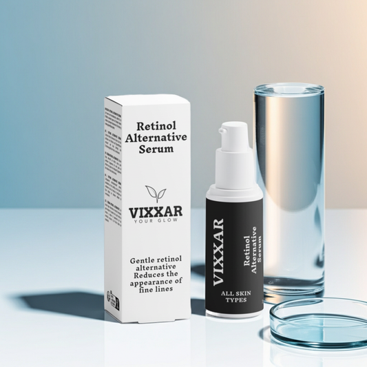 Vixxar Retinol Alternative Serum with packaging on a reflective surface