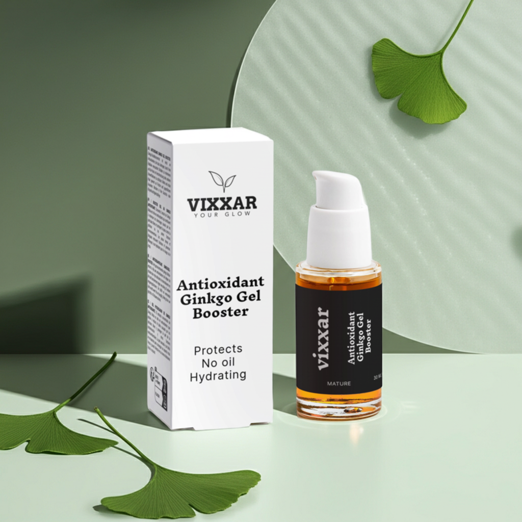 Vixxar Antioxidant Ginkgo Gel Booster 30ml bottle in nature setting, oil-free hydration for healthy skin.