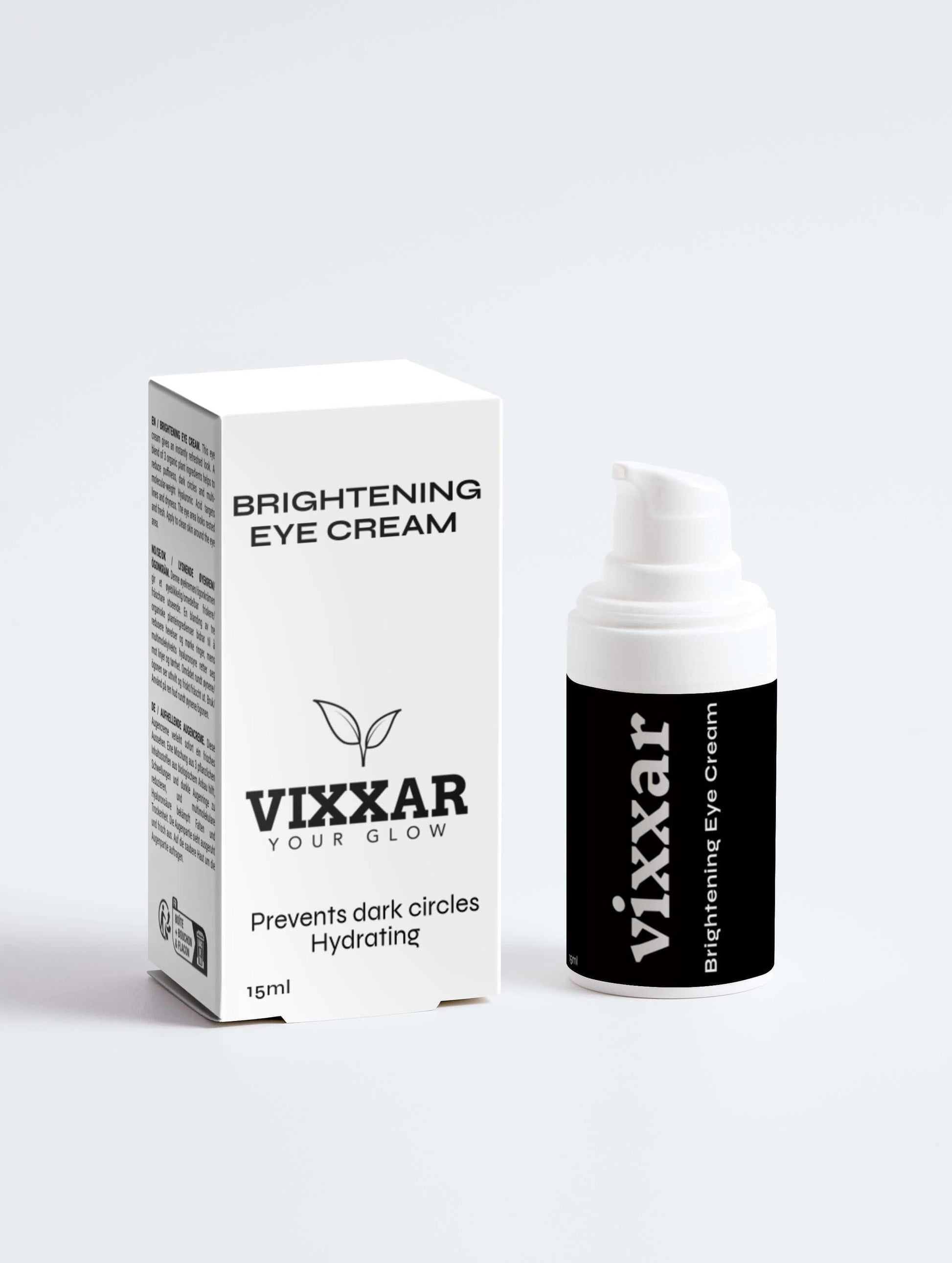 Vixxar Brightening Eye Cream bottle and box, hydrating formula for reducing dark circles. Suitable for all skin types.