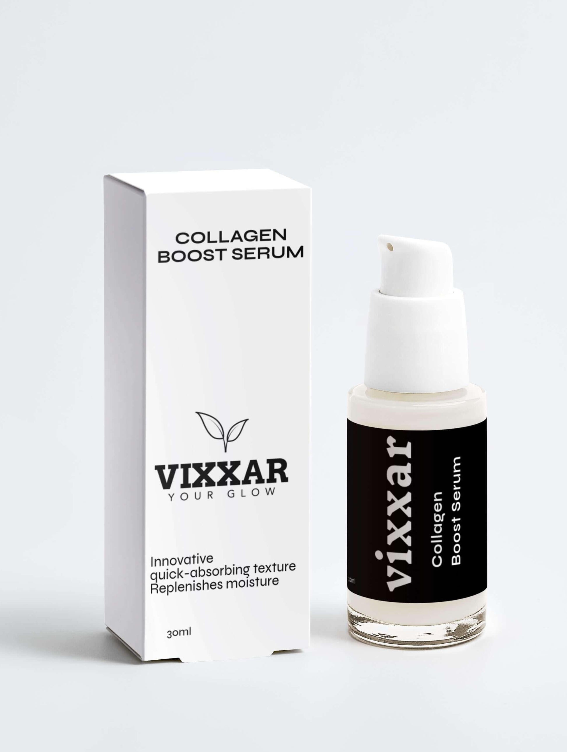 Vixxar Collagen Boost Serum bottle and box promoting radiance boosting skincare collection.