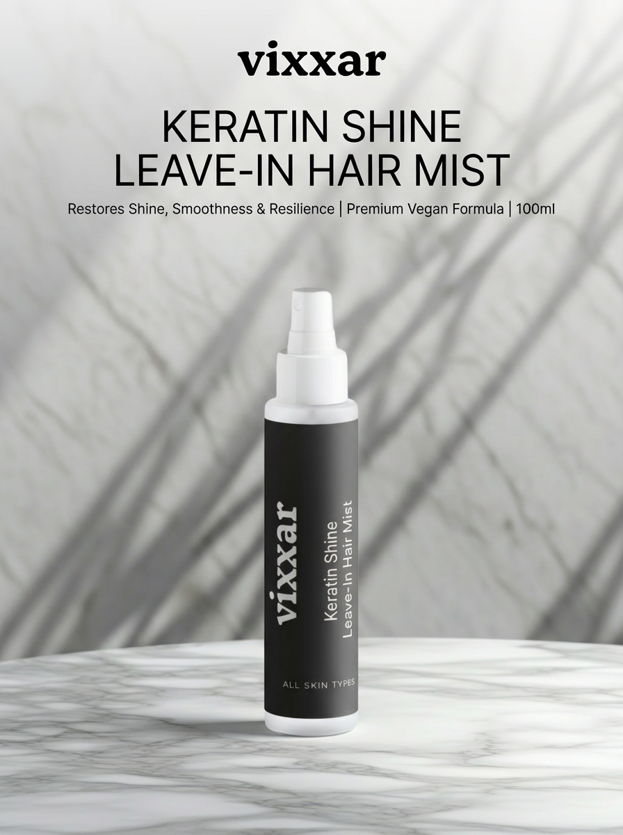 Vixxar Keratin Shine Leave-In Hair Mist bottle on a marble surface with a gray background
