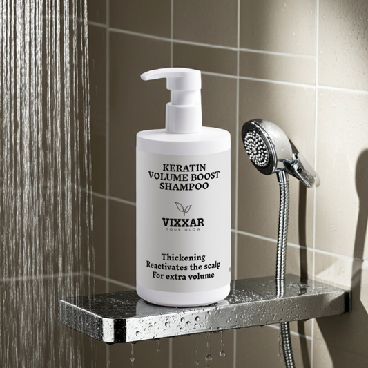 Vixxar Keratin Volume Boost Shampoo bottle on a shower ledge with running water.
