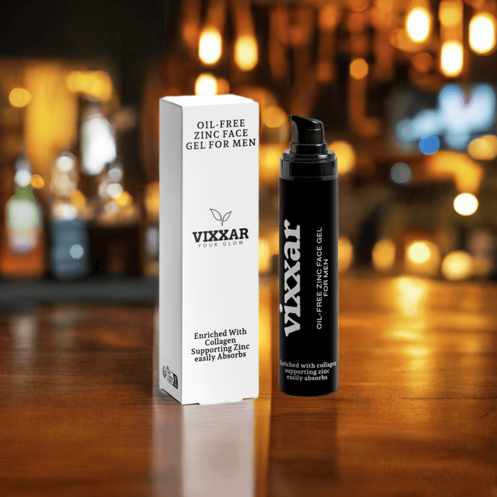 Vixxar Oil-Free Zinc Face Gel for Men, lightweight hydration and shine control skincare product displayed on a counter.