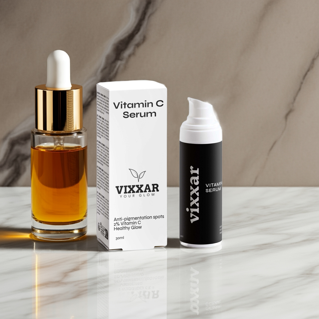 Vixxar Dark Spot Routine Duo featuring Brightening & Pigment-Correcting Serums with alpha-arbutin, vitamin C, and ferulic acid.