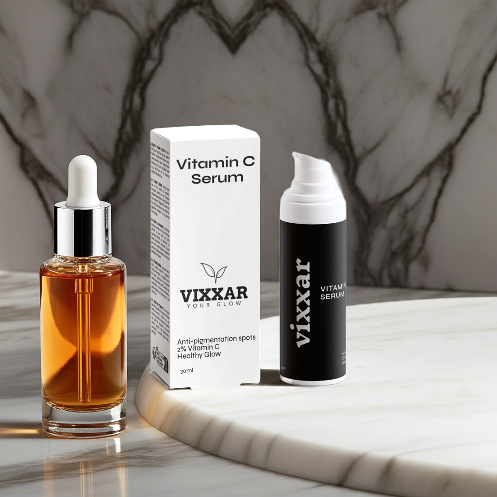 Dark Spot Routine Duo by Vixxar featuring Brightening & Pigment-Correcting Serums with Vitamin C and ferulic acid on marble background.