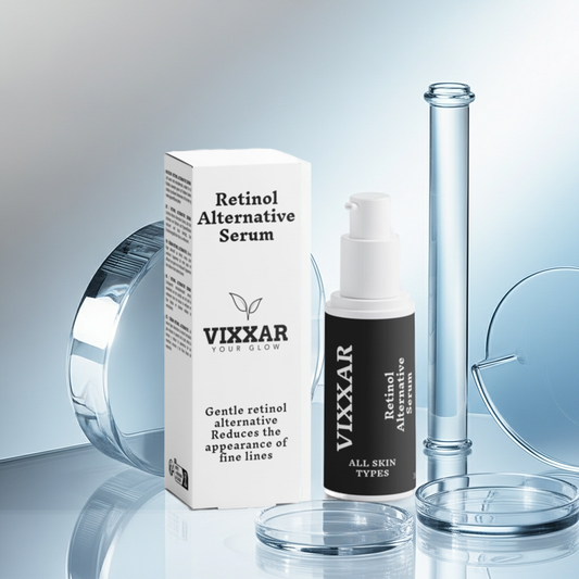Vixxar Retinol Alternative Serum with packaging on a reflective surface