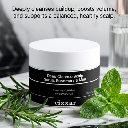 Vixxar Rosemary &amp; Mint Scalp Scrub with packaging and ingredients on a blurred background