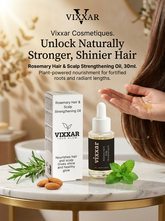 Vixxar hair care product with bottle, box, and rosemary on a marble surface.