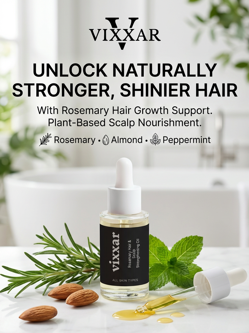 Vixxar hair growth support product with rosemary, almond, and peppermint on a white surface.