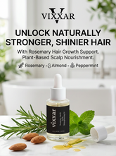 Vixxar hair growth support product with rosemary, almond, and peppermint on a white surface.