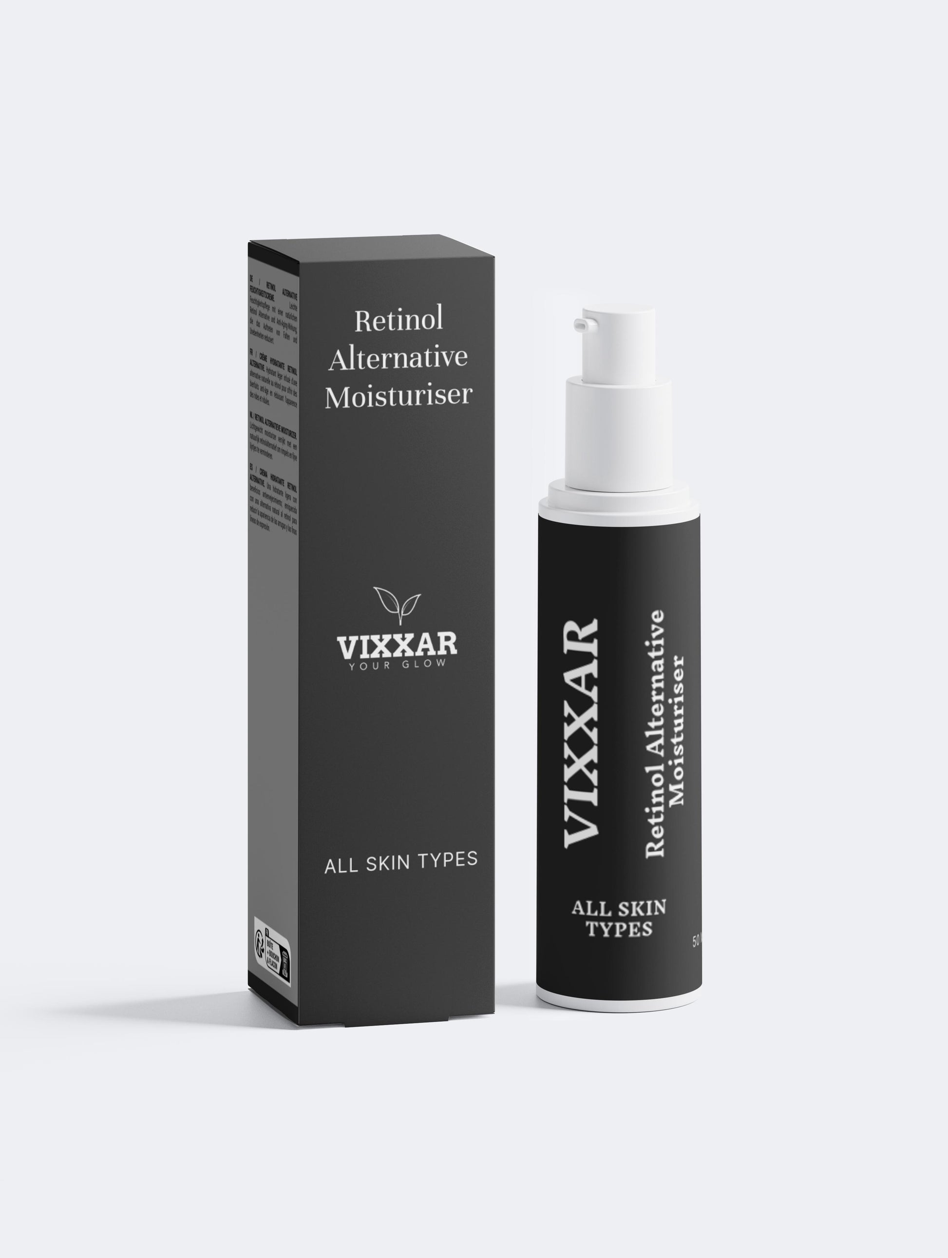 Vixxar retinol alternative moisturizer bottle and packaging on a white background