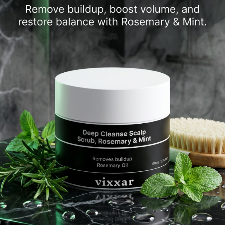 Vixxar scalp care product with rosemary and mint on a dark background