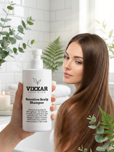 Woman with long brown hair holding a bottle of Vixxar Sensitive Scalp Shampoo in a bathroom setting.