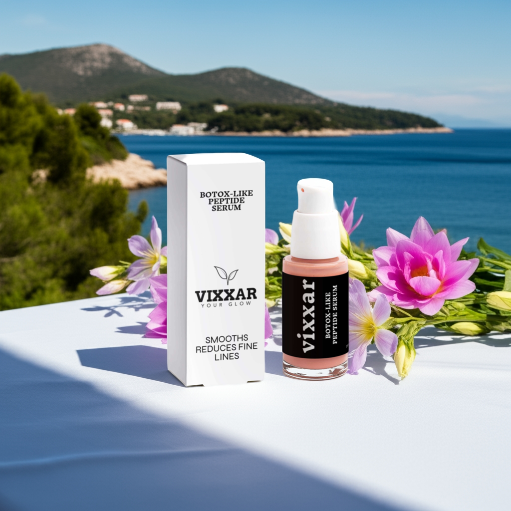 Vixxar Peptide Serum displayed outdoors with flowers overlooking a sea view.