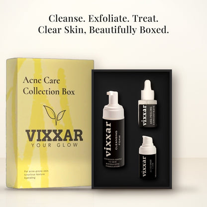 Open Vixxar Acne Care Collection Box: black inner box holding Cleansing Foam, AHA Peeling Concentrate and Acne Spot Care Serum beside the sleeve