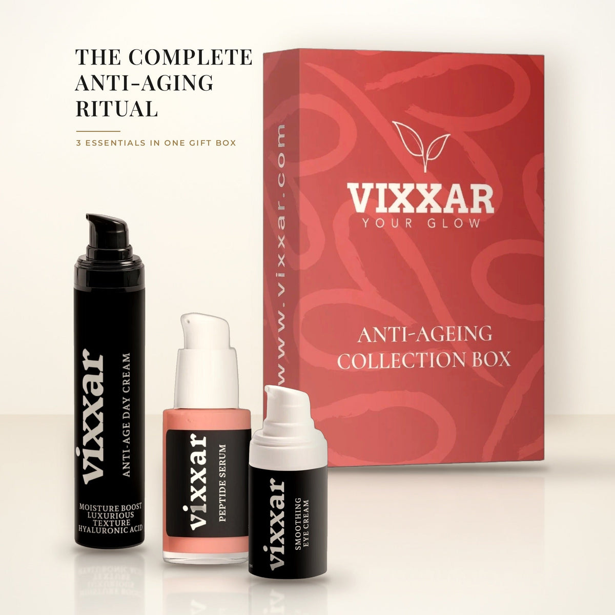 Vixxar Anti-Ageing Collection Box gift set with Anti-Age Day Cream, Peptide Serum and Smoothing Eye Cream in front of the red gift box