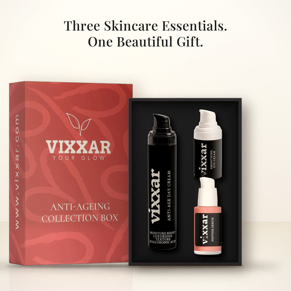 Open Vixxar Anti-Ageing Collection Box: black inner box holding Anti-Age Day Cream, Peptide Serum and Smoothing Eye Cream beside the red sleeve