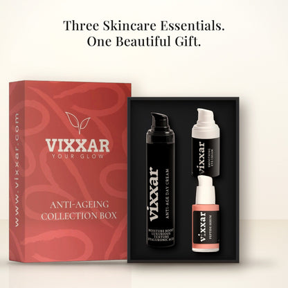Open Vixxar Anti-Ageing Collection Box: black inner box holding Anti-Age Day Cream, Peptide Serum and Smoothing Eye Cream beside the red sleeve