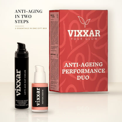 Vixxar Anti-Ageing Performance Duo gift set with Anti-Age Day Cream and Peptide Serum in front of the gift box