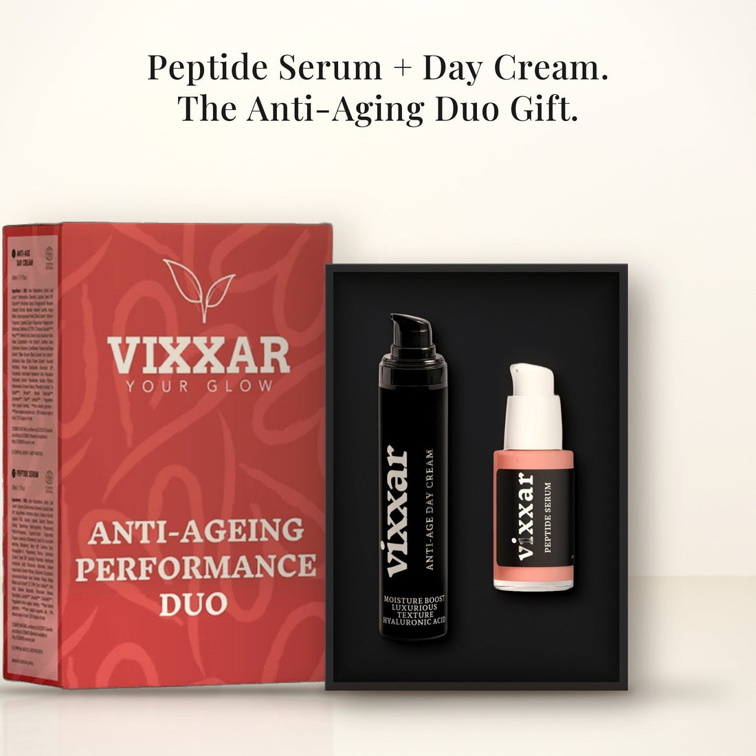 Open Vixxar Anti-Ageing Performance Duo: black inner box holding Anti-Age Day Cream and Peptide Serum beside the sleeve