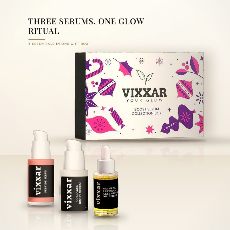 Vixxar Boost Serum Collection Box gift set with Peptide Serum, Collagen Boost Serum and Natural Retinol Alternative Oil Serum in front of the gift box