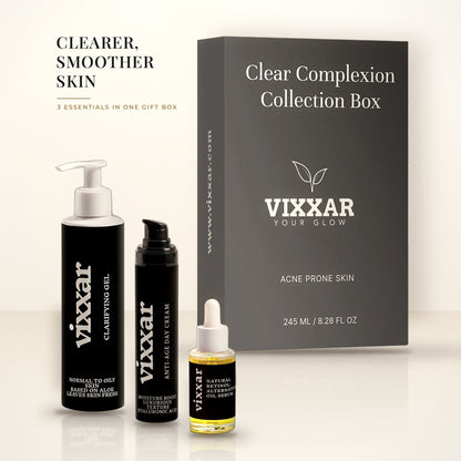 Vixxar Clear Complexion Collection Box gift set with Clarifying Aloe Vera Gel Cleanser, Anti-Age Day Cream and Natural Retinol Alternative Oil Serum in front of the gift box