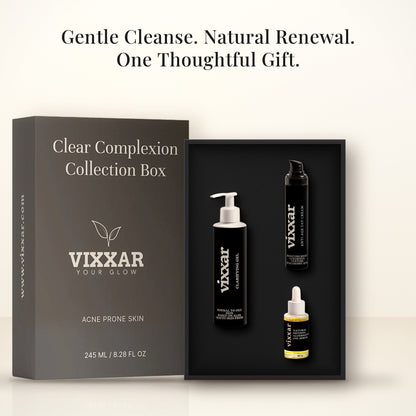 Open Vixxar Clear Complexion Collection Box: black inner box holding Clarifying Aloe Vera Gel Cleanser, Anti-Age Day Cream and Natural Retinol Alternative Oil Serum beside the sleeve