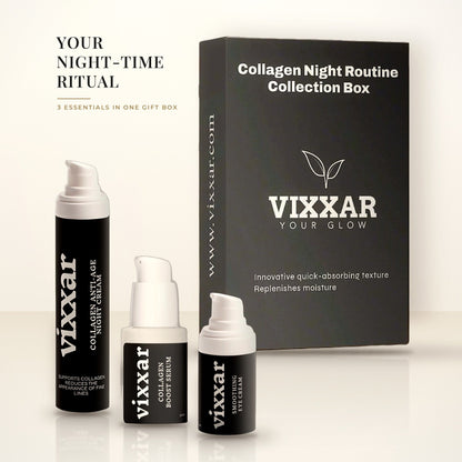 Vixxar Collagen Night Routine Collection Box gift set with Collagen Anti-Age Night Cream, Collagen Boost Serum and Smoothing Eye Cream in front of the gift box