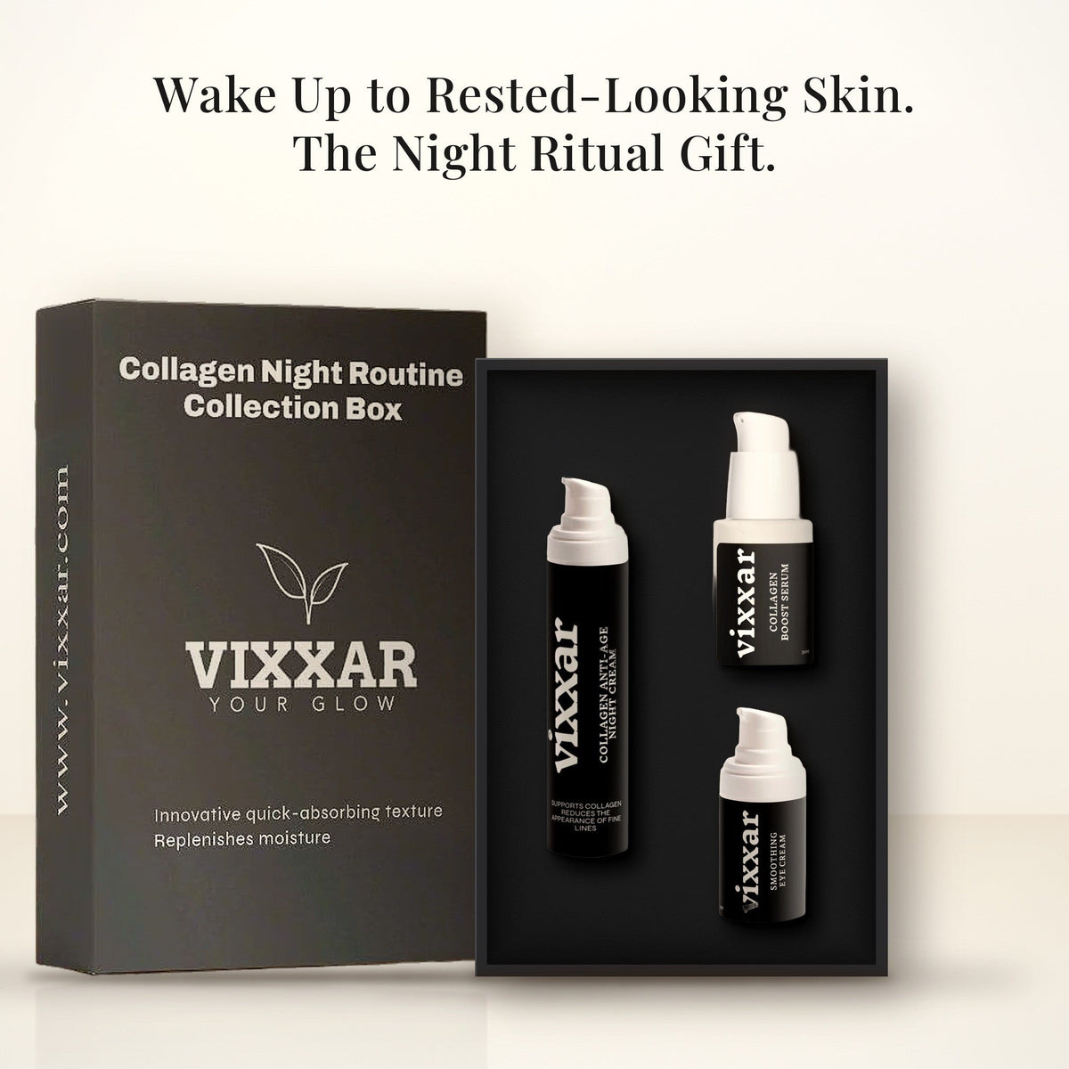 Open Vixxar Collagen Night Routine Collection Box: black inner box holding Collagen Anti-Age Night Cream, Collagen Boost Serum and Smoothing Eye Cream beside the sleeve