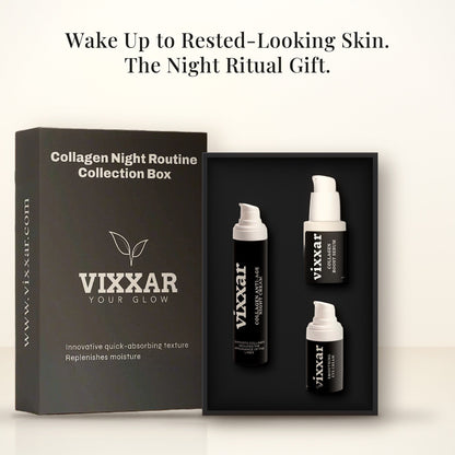 Open Vixxar Collagen Night Routine Collection Box: black inner box holding Collagen Anti-Age Night Cream, Collagen Boost Serum and Smoothing Eye Cream beside the sleeve