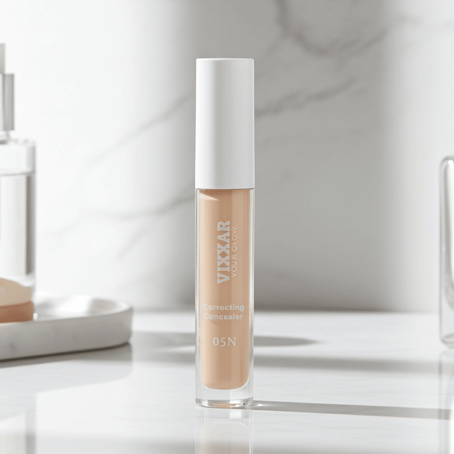 Vixxar foundation bottle on a white surface with a blurred background