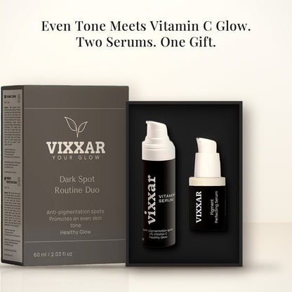 Open Vixxar Dark Spot Routine Duo: black inner box holding Vitamin C Serum and Pigment Perfecting Serum beside the sleeve
