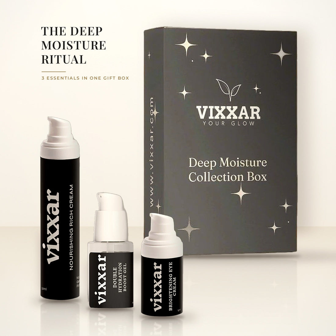 Vixxar Deep Moisture Collection Box gift set with Nourishing Rich Cream, Double Hydration Boost Gel and Brightening Eye Cream in front of the gift box