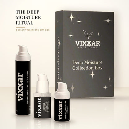 Vixxar Deep Moisture Collection Box gift set with Nourishing Rich Cream, Double Hydration Boost Gel and Brightening Eye Cream in front of the gift box
