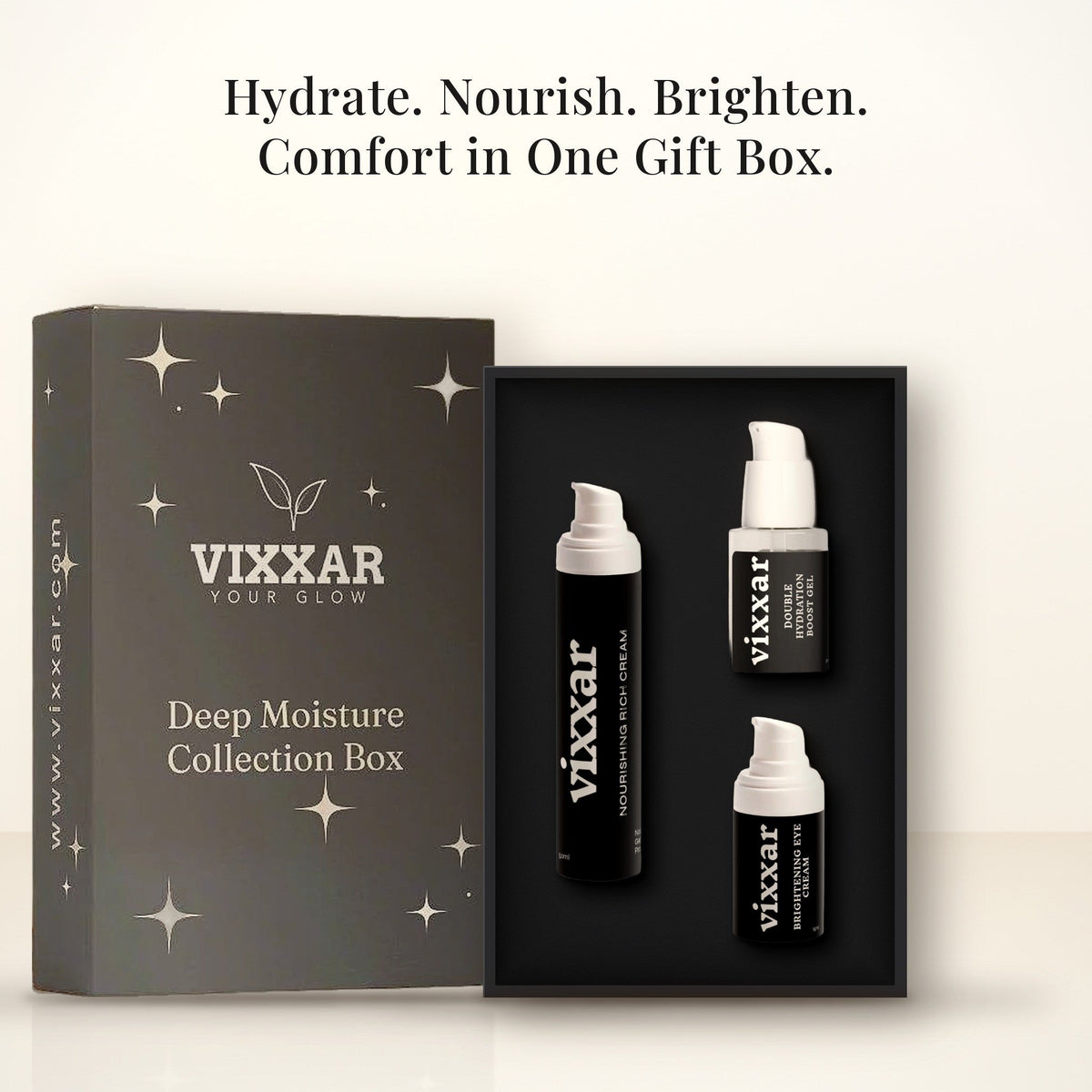 Open Vixxar Deep Moisture Collection Box: black inner box holding Nourishing Rich Cream, Double Hydration Boost Gel and Brightening Eye Cream beside the sleeve