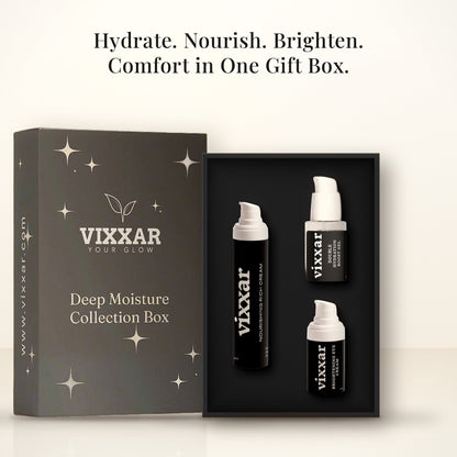 Open Vixxar Deep Moisture Collection Box: black inner box holding Nourishing Rich Cream, Double Hydration Boost Gel and Brightening Eye Cream beside the sleeve